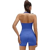 SUUKSESS Women 2 Piece Workout Sets Halter Neck Padded Yoga Tank Tops High Waisted Biker Shorts with Pockets