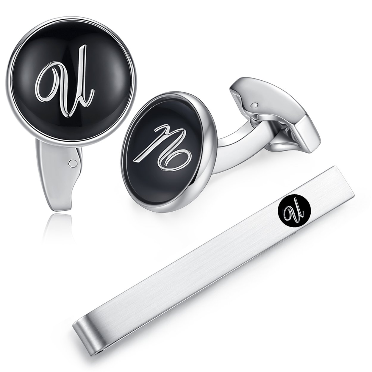 HONEY BEAR Initial Alphabet Letter Cufflinks Tie Clip Set for Mens - Black Round Stainless Steel, for Business Wedding Gift A - Z (U)