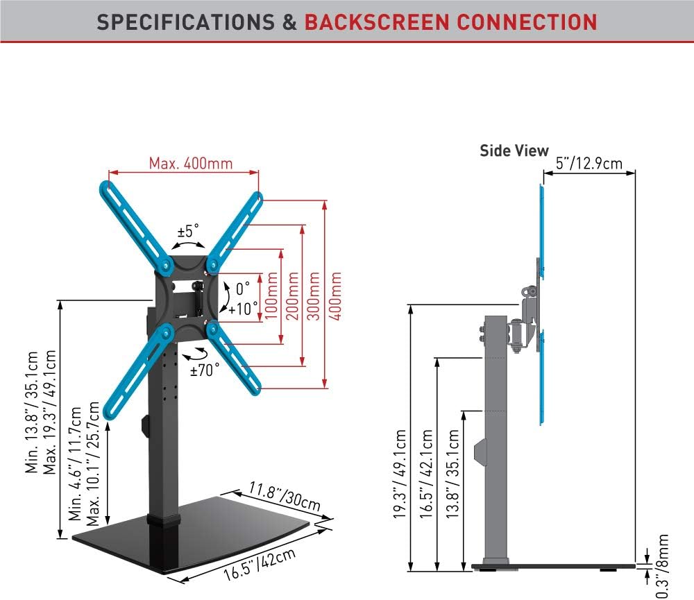 Barkan S320.B Tabletop TV Mount, 13, 65 inch Swivel & Tilt Flat / Curved TV Stand Base, Holds Up to 36kg, Patented - Image 5