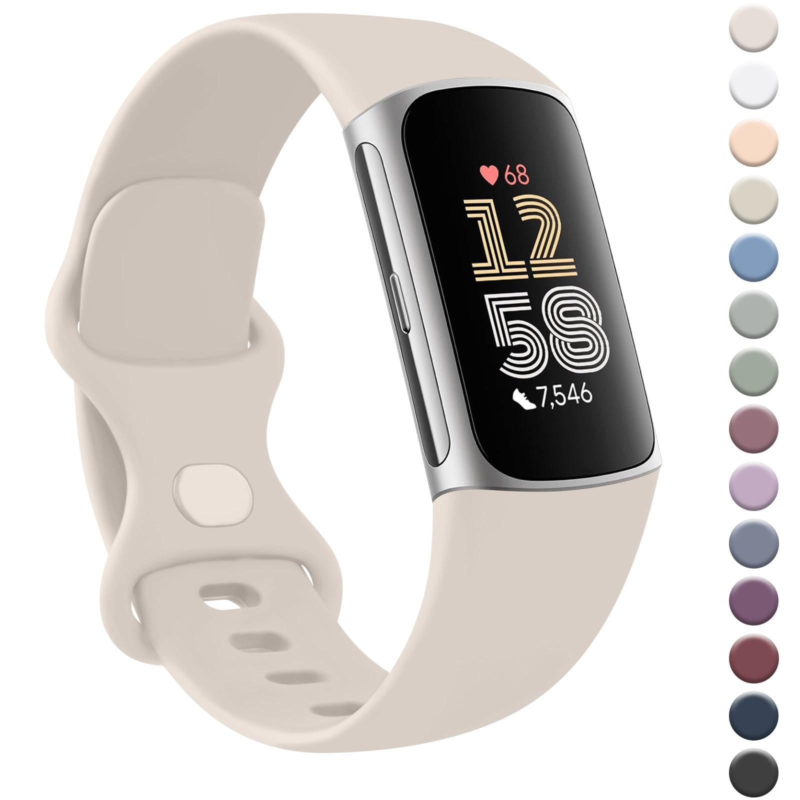 AK Strap for Fitbit Charge 6/5 - Silicone Sport Classic Soft Replacement Band for Women Men (Large, Starlight)