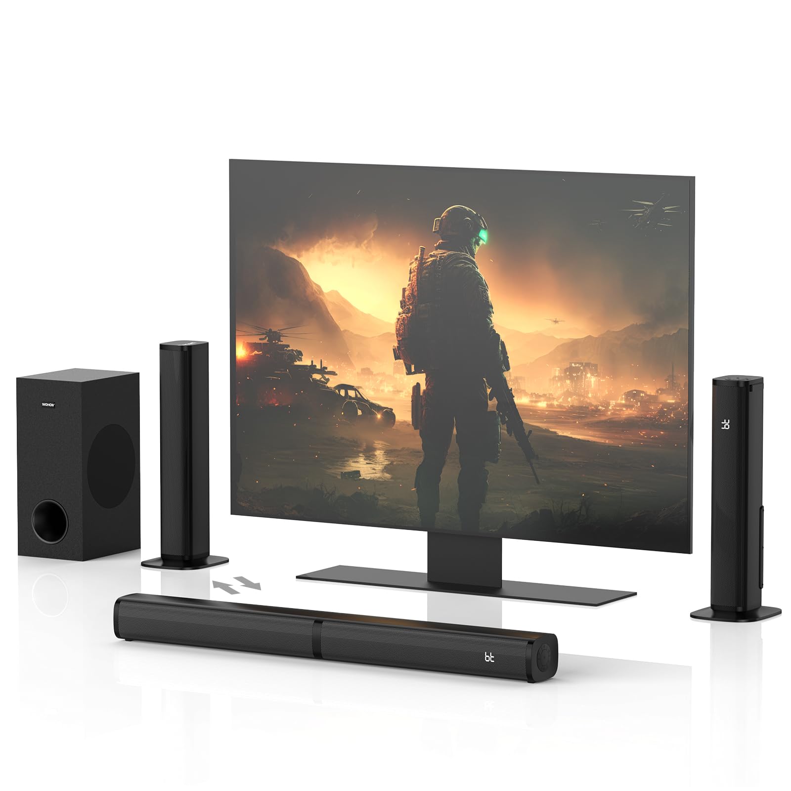 Wohome 2.1 Sound Bar for TV with Wired Subwoofer, 28 Inch 120W Wireless Bluetooth 5.0 Soundbar Speaker, HDMI-ARC/Optical/AUX/Coax/USB Input, DSP Technology, LED Display, Wall Mountable - S99