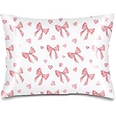Pink Ribbon Bow Satin Pillowcase for Hair and Skin,Throw Pillow Cover 20"x26" Silk Pillowcases Envelope Closure,Watercolor Pillow Covers Decorative Cushion Cases Standard Pillow Case for Bedroom,Peach