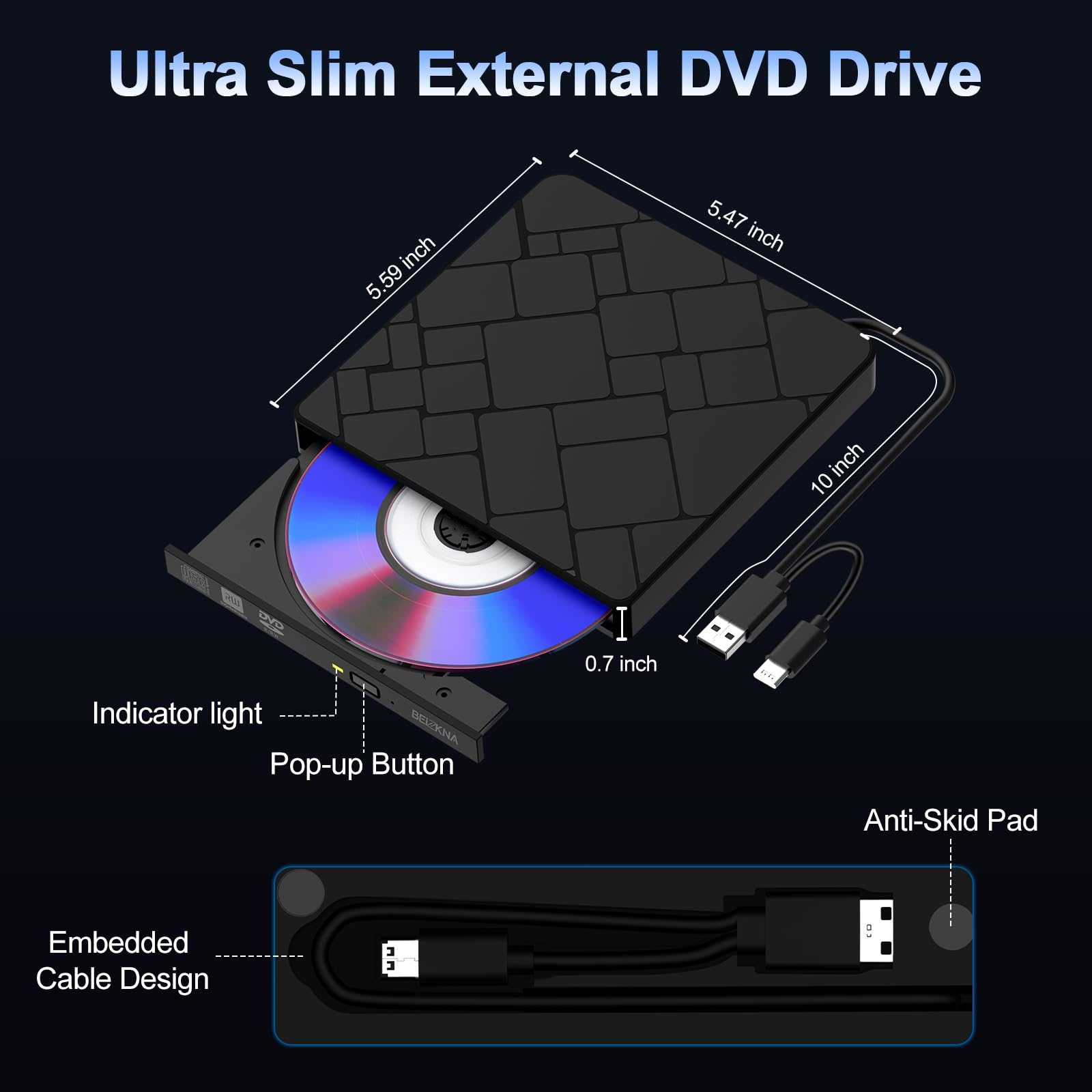 External CD DVD Drive for Laptop USB 3.0 & Type-C Portable CD DVD Player for CD ROM +/-RW Burner Reader Writer Optical Disc Drive for Laptop Desktop PC Windows 11/10 Linux Mac OS Apple MacBook Pro