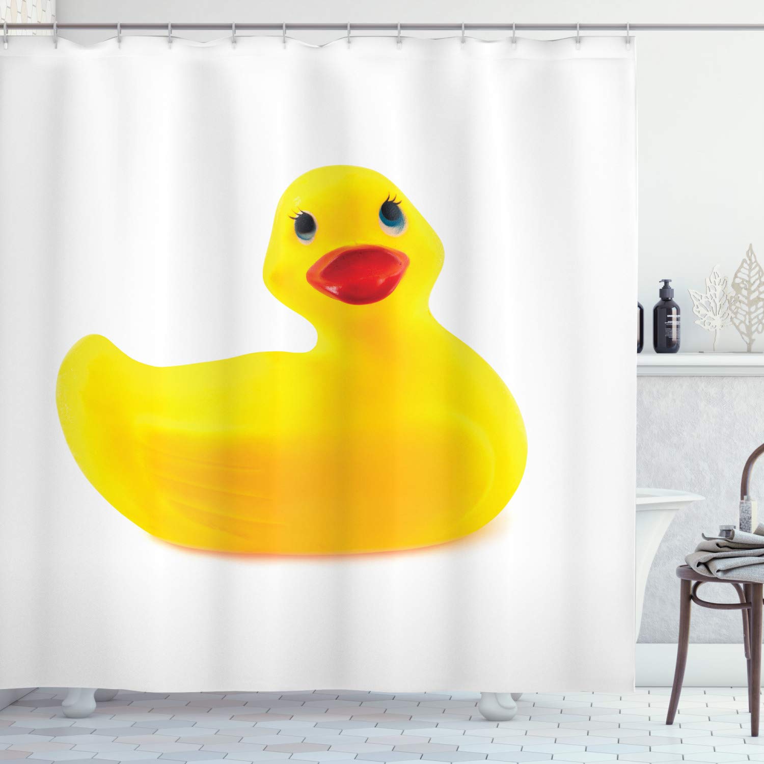 ABAKUHAUS Rubber Duck Shower Curtain, Yellow Squeak Ducky Toy Fun Bubble Bath Animal Kids Room Duckling Print, Cloth Fabric Bathroom Decor Set with Hooks, 175 x 180 cm, White And Yellow