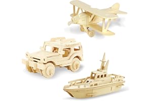 Georgie Porgy 3D Wooden Puzzles for Kids Toys Construction Woodcraft Kits DIY Model Puzzle Kits Birthday Gifts Pack of 3 (Biplane Off-Road Vehicle Yacht)