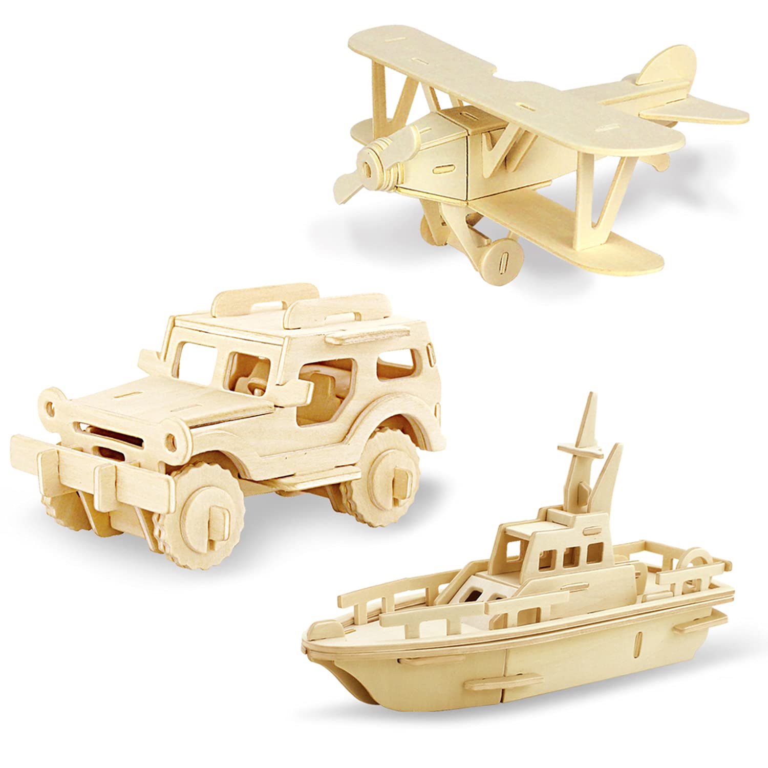 Georgie Porgy Kids Toys Construction Woodcraft Kits 3D Wooden Model Puzzle Kits Birthday Gifts Pack of 3 Jigsaw (Biplane Off-road Vehicle Yacht)