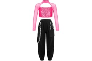 Sinleey Kids Girls 2Pcs Dance Tracksuit Shiny Crop Top with Cargo Pants Outfits for Hip Hop Sports Dancewear