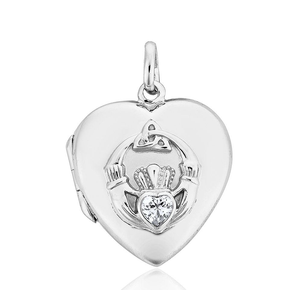 DTPSilver - 925 Sterling Silver - Rhodium Plated Trinity Claddagh Heart and Cubic Zirconia Locket
