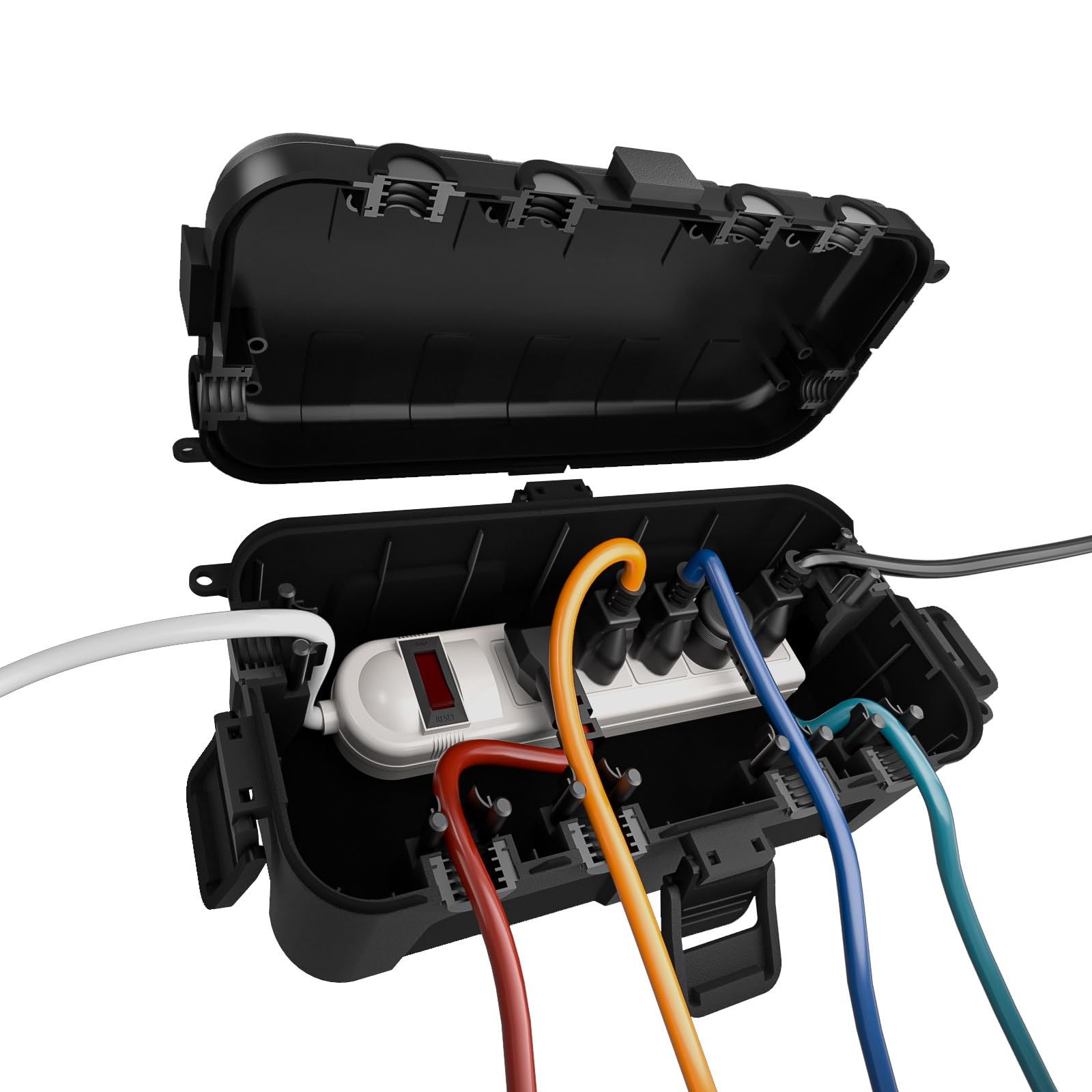 Photo 1 of Flemoon Medium Outdoor Electrical Box (11.5x5.2x4 inch), IP54 Waterproof Extension Cord Cover w/6 Cable Entry Ports, Weatherproof Connection Box for Power Strip, Timer, Plug, Holiday Lights, Black
