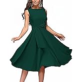 FENJAR Women's Elegance Audrey Hepburn Style Ruched Dress Round Neck Sleeveless Swing Midi A-line Dresses