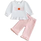 CEHEDDO Toddler Baby Girl Halloween Outfit Smocked Pumpkin Long Sleeve Ruffle Sweatshirt Plaid Pants Set 2Pcs Fall Clothes