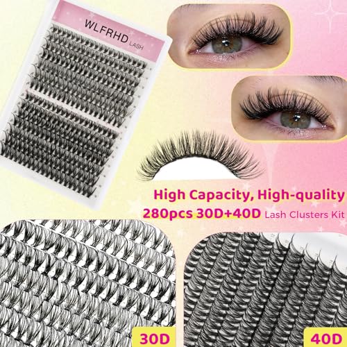 Cluster Lashes Kit Eyelash Clusters 30D 40D DIY Lash Clusters Kit Individual Lashes extension Kits 280PCS Natural Eyelash Extension Kits with Bond and Seal, Eyelashes Remover and Tweezer(Mix9-16mm)