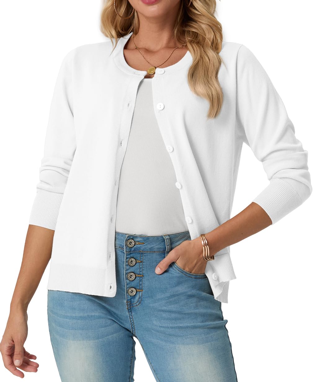 Photo 1 of GRECERELLE Women's Lightweight Button Down Long Sleeve Crewneck Cardigan Sweater White, XL