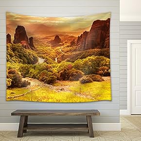 Meteora Monasteries in Greece. - Fabric Wall Tapestry Home Decor - 51x60 inches