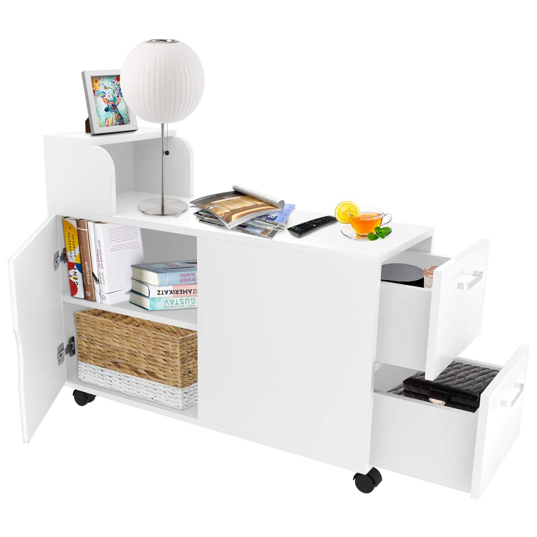 End Table Modern Side Table Chair Side Table Beside Cabinet With Storage Shelf Bookshelf 2 Drawer For Living Room Bedroom Office With 5 Wheels Home Kitchen Furniture