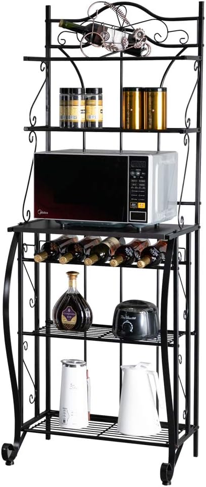 ROVSUN Upgrade Multiuse 5-Tier Metal Kitchen Bakers Rack, Microwave Storage Rack Oven Stand with Wine Storage Organizer Workstation Black (25" x 16" x 68") - Standing Baker's Racks