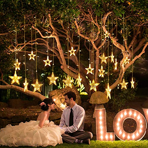 TOFU Star Curtain Lights, 7.2ft x 3.3ft 138 LED Waterproof Window Lights with 12 Stars 8 Flashing Modes RF Remote, Indoor Outdoor Decoration for Christmas, Bedroom, Wedding, Party, Patio, Warm White