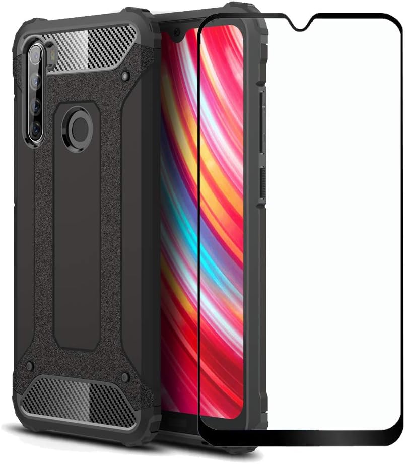 FaDream for Xiaomi Redmi Note 8T Case, 2 in 1 Shockproof Hybrid Dual Layer Heavy Duty Protective Cover with Tempered Glass Screen Protector for Xiaomi Redmi Note 8T (Black)