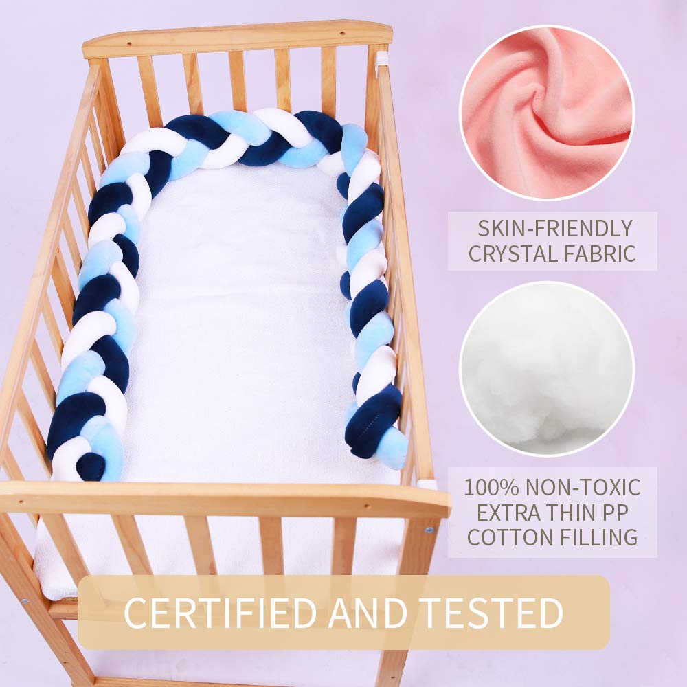 Lion Paw Crib Bed Bumper Pillow Cushion 78.7in Crib Sides Protector Infant Cot Rails Newborn Gift Knotted Braided Plush Nursery Cradle Decor (White-Blue-Dark Blue 78.7in) : Baby