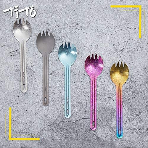 TiTo Bright Colorful Titanium Spork for Outdoor Camping Light Weight Titanium Spoon for Travel Home with Cloth Bag (Green Spork) - Image 3