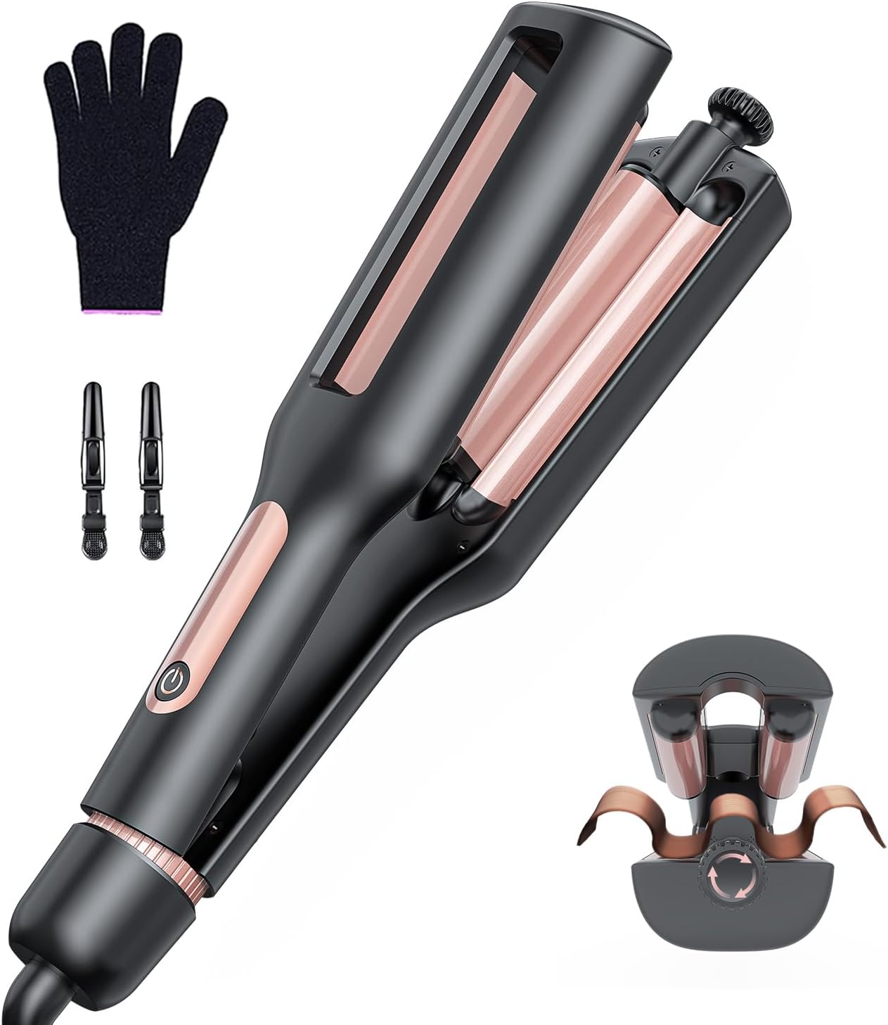 Raglory 4 in 1 Adjustable Hair Crimper Waver,3-Barrel Curling Iron with 4 Heat Settings(280℉-410℉), Crimping Iron with Digital Display, 30S Fast Heat Up and Anti-Scald Design, Rose Gold