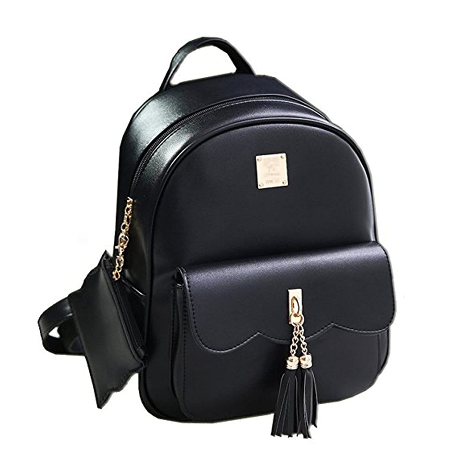 DWE PU Leather Women Backpack,Black Small School Bag Travel Rucksack for Teenage Girls (Black)