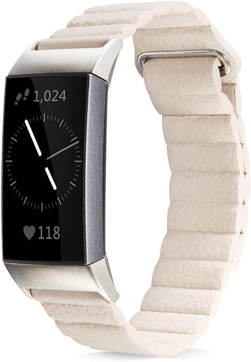Shangpule Compatible for Fitbit Charge 4 / Fitbit Charge 3 / Fitbit Charge 3 SE Bands, Genuine Leather Loop Band with Unique Magnetic Replacement Wristbands Strap for Women Men Small Large