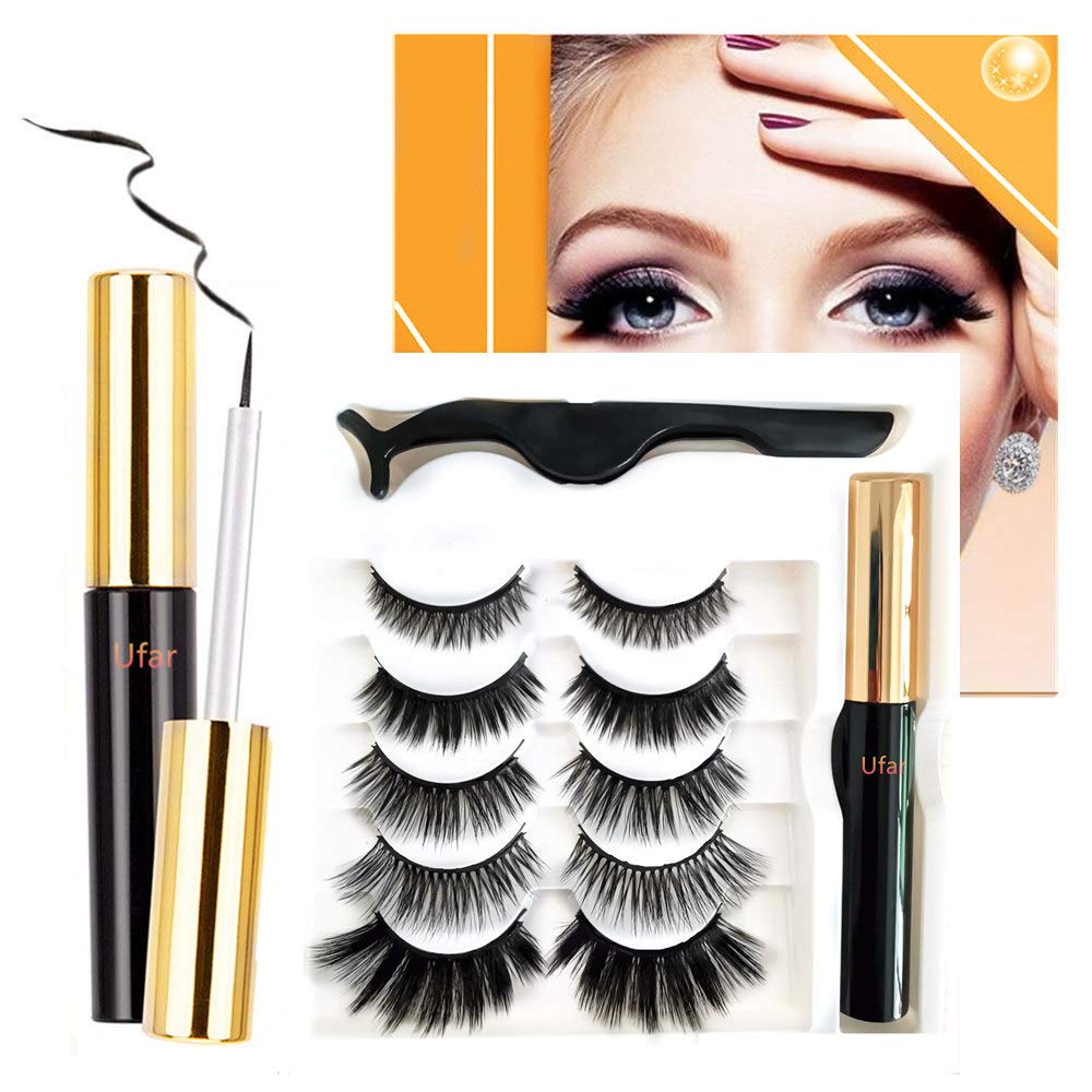 Reusable Magnetic Eyelashes and Eyeliner Kit, [ 2020 UPGRADED ] Totally NO GLUE NEEDED Magnetic False Eyelashes Kit, FREE Tweezers Applicator, 5 Pairs