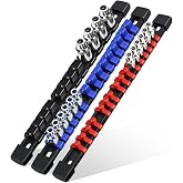 3-Pc Socket Organizer Rail Set, 43-Clip Socket Holder, 1/4, 3/8, 1/2 Drive | Fits metric and SAE, deep and shallow sizes; spring-loaded bearings hold firmly, and removable end caps ease setup.