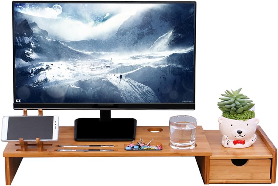 YUMU Bamboo Monitor Stand Riser Screen Riser for PC Monitors, Computers, Laptops TV, Printer with Desk Storage Organizer for Home, Office 28”L X 9.0”W X 3.7”H CY1035-02