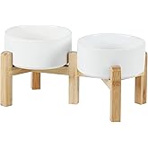 Havniva Ceramic Raised Double Bowls Set with Stand, 2 Heights Elevated, Food & Water Bowls for Small Breed Dogs, Weighted Dog Dishes, Pet Bowl(6.1'',28.7oz, White)