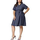 Agnes Orinda Women's Plus Size Dresses Buttons Belted Short Sleeves Chambray Dress 2024