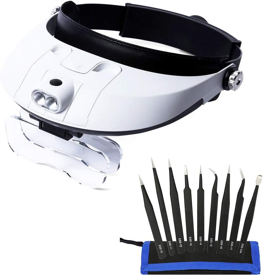 Jiusion Dual Lens Head Mount Headband Illuminating Magnifier with 9pcs Precision Tweezers Set, 2 LED Lights Magnifying Jeweler Loupe 5 Detachable Glasses for Reading Jewelry Watch Electronic Repair