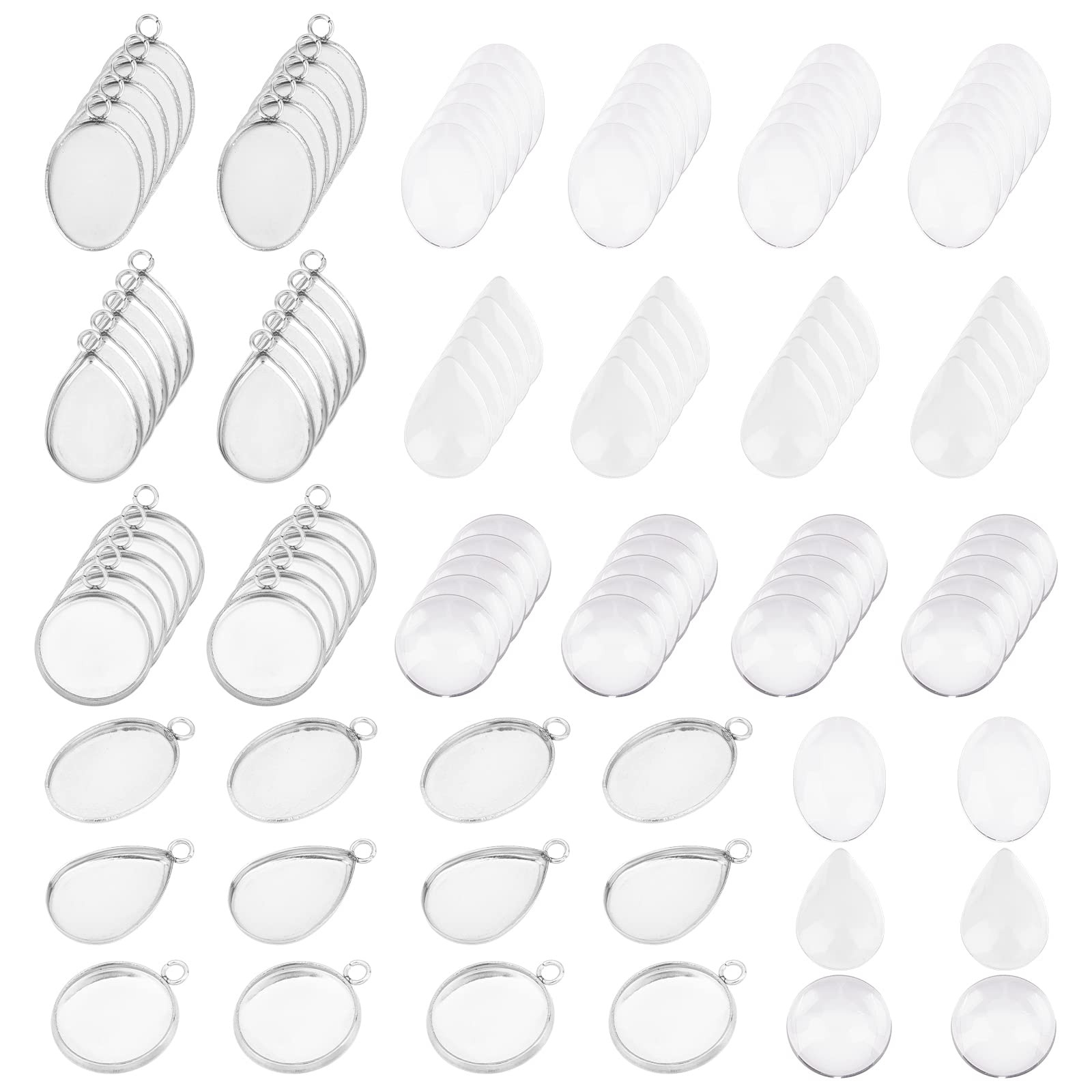 UNICRAFTALE 90 Sets 3 Styles Flat Round Teardrop Oval Cabochon Tray Pendants Blanks Dome Bezels Charm Stainless Steel Pendant Cabochon Settings with Glass Cabochon for Necklaces Jewelry Making