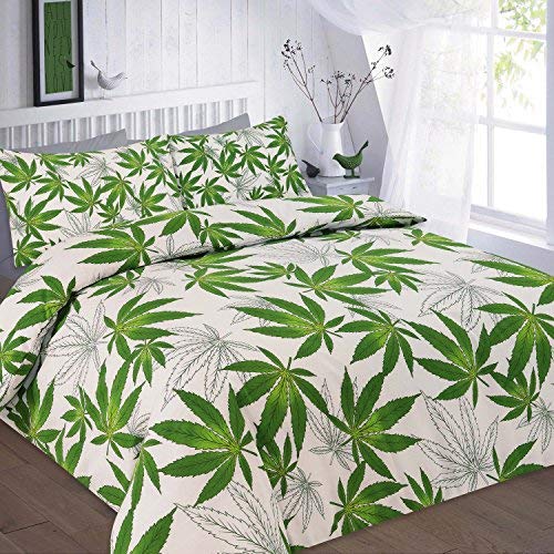 Voice7 Reversible Cannabis Duvet Cover + Two Pillow Cases - 3 Piece Leaf Weed Bedding Set (Green White, King)
