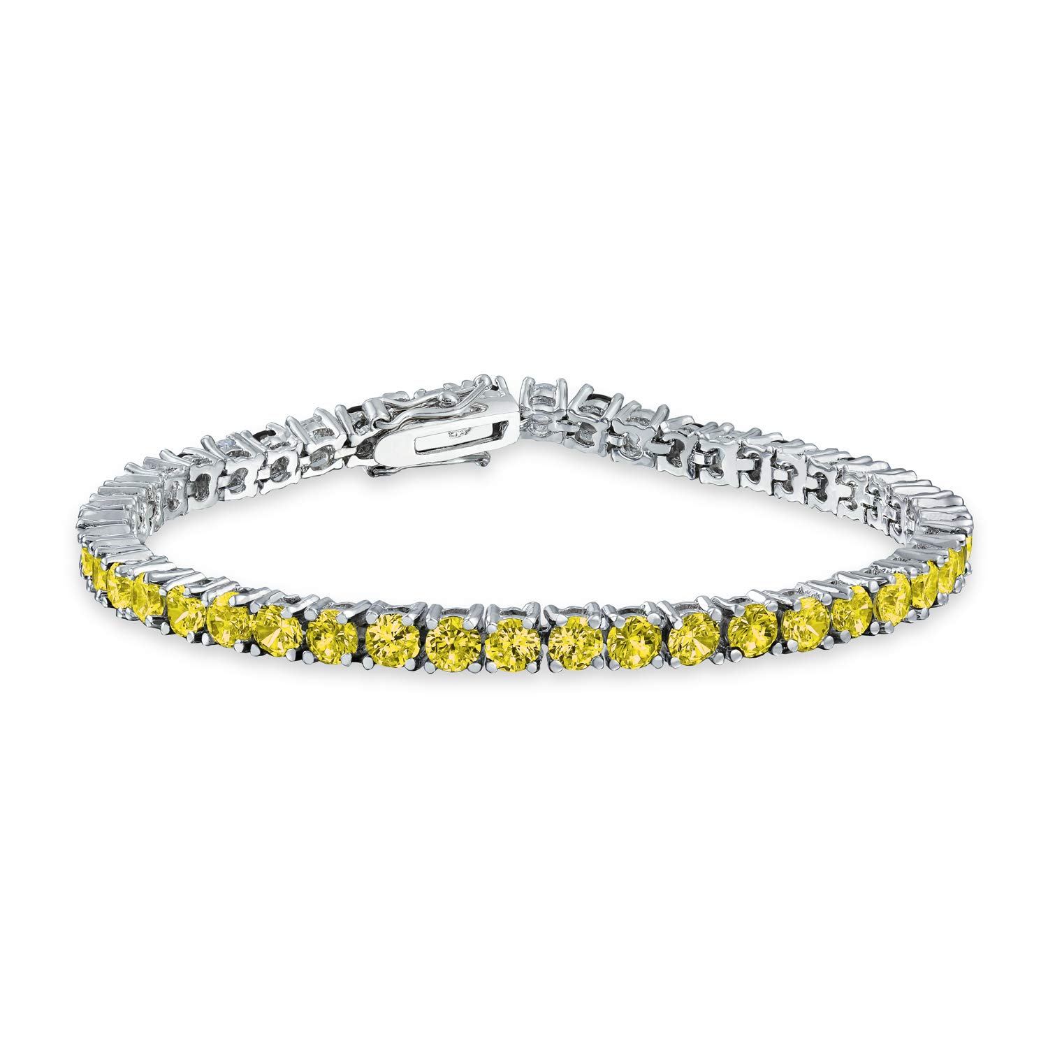 Bling Jewelry 12 CTW Prong Basket Set Solitaire Round Cubic Zirconia Simulated Canary Yellow Citrine AAA CZ Tennis Bracelet For Women Prom Bride Silver Plated