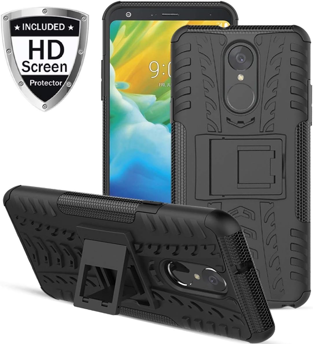 Stylo 4 Case, Stylo 4 Plus Case, Q Stylus Case,Numy Dual Layer Shockproof,Highly Protective w Kickstand Hard PC & Soft TPU Phone Case,w HD Screen Protector,Attractive Tire Appearance-Black
