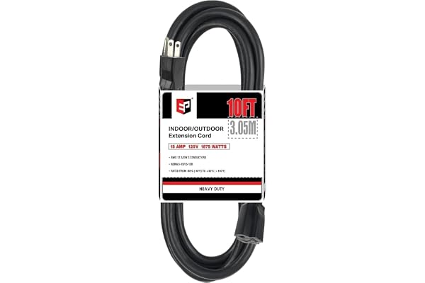 EP 10 Ft Outdoor Extension Cord - 12/3 SJTW Heavy Duty Black Extension Cable with 3 Prong Grounded Plug - Power Cord for Lawn