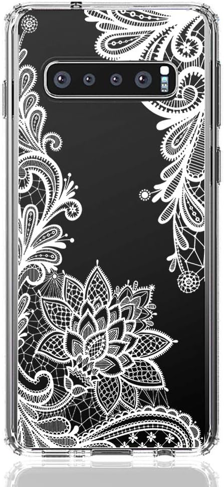 HUIYCUU Case Compatible with Galaxy S10 Plus Case, Shockproof Clear Design Flower Pattern Slim Fit Soft Bumper + Hard Back Cover for Girl Women for Galaxy S10 Plus, White Lace