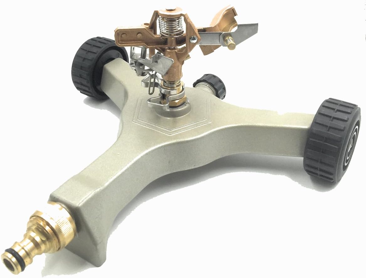 E5004 Garden Hose Watering Heavy Duty Brass Impact Sprinkler 0-360 Degree on Large Metal Wheeled Base