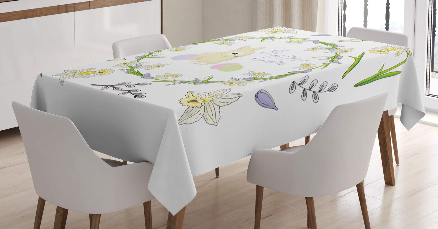 ABAKUHAUS Easter Bunny Tablecloth, Innocent Easter Art, Dining Room Kitchen Rectangular Table Cover, 54 W X 78 L, Apple Green Lavender Blue
