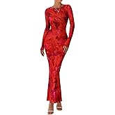 PRETTYGARDEN Women's Long Sleeve Floral Fall Wedding Guest Dress Casual Crewneck Ruched Bodycon Mesh Long Maxi Dresses