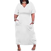 SUZONANA Women Casual T-Shirt Dress V Neck Short Sleeve Solid Color Oversize Dress with Front Two Pockets