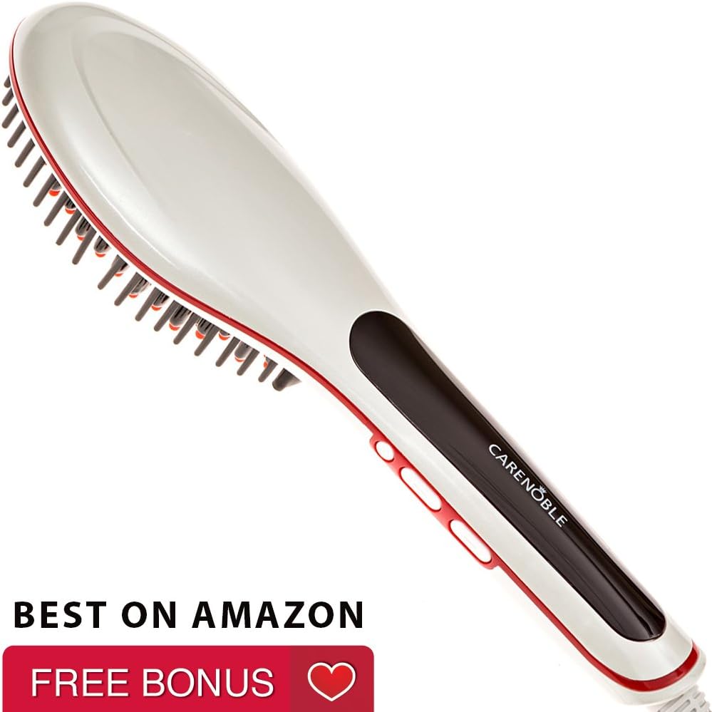 Professional Hair Straightening Brush - Electric Iron Comb Simply Straight Hairstyling - Best Ceramic Straightener w/LCD, Detangling Curls, Instant Magic Results, Amazing Free Bonus - Carenoble/White