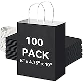 Brothersbox 100Pcs Black Paper Gift Bags Medium Size 8x4.75x10 inch, Kraft Paper Bags with Handles Bulk for Shopping, Craft, Business, Retail, Party Favor, Takeout, Goodie, Grocery