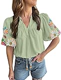 Women's Casual Floral Embroidered V Neck Boho Puff