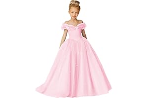 Amatesay Elegant Off Shoulder Flower Girl Dresses Puffy Tulle Pageant Gown Sparkly Pearls Formal Evening Party Dress