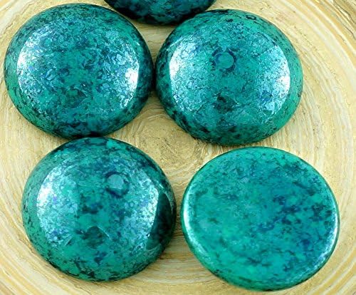 SALE 2pcs Terracotta Turquoise Green Round Domed Czech Glass Cabochon 20mm