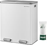 SONGMICS Dual Rubbish Bin 2-Compartment 30 L Pedal Lids 15 Bags White Grey