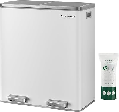 SONGMICS Dual Rubbish Bin 2-Compartment 30 L Pedal Lids 15 Bags White Grey